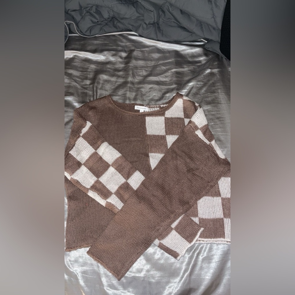 Brown and White Checkered Knit Sweater